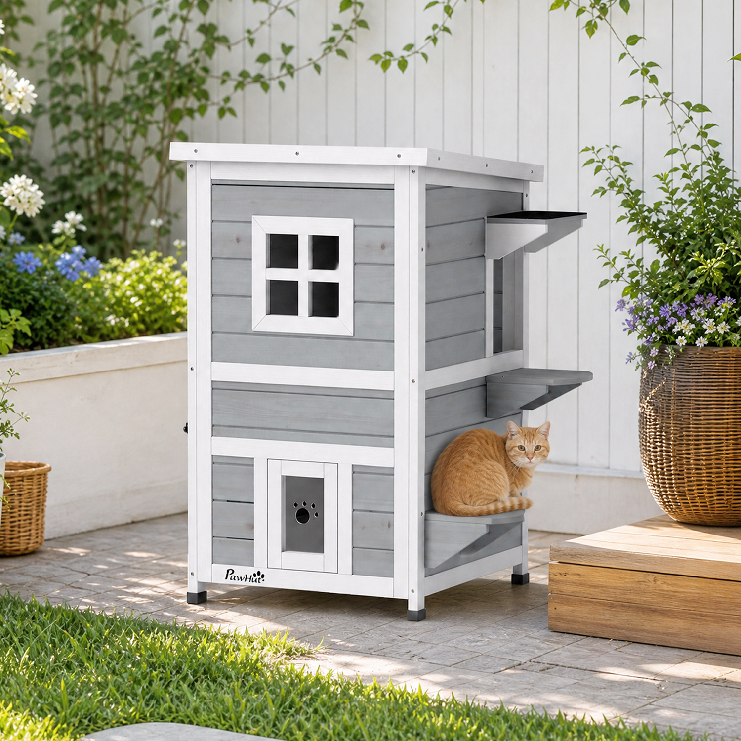 Pawhut Grey Wooden Cat House 2-Floor Outdoor Kitten Shelter With 3 Doors, - Image 3