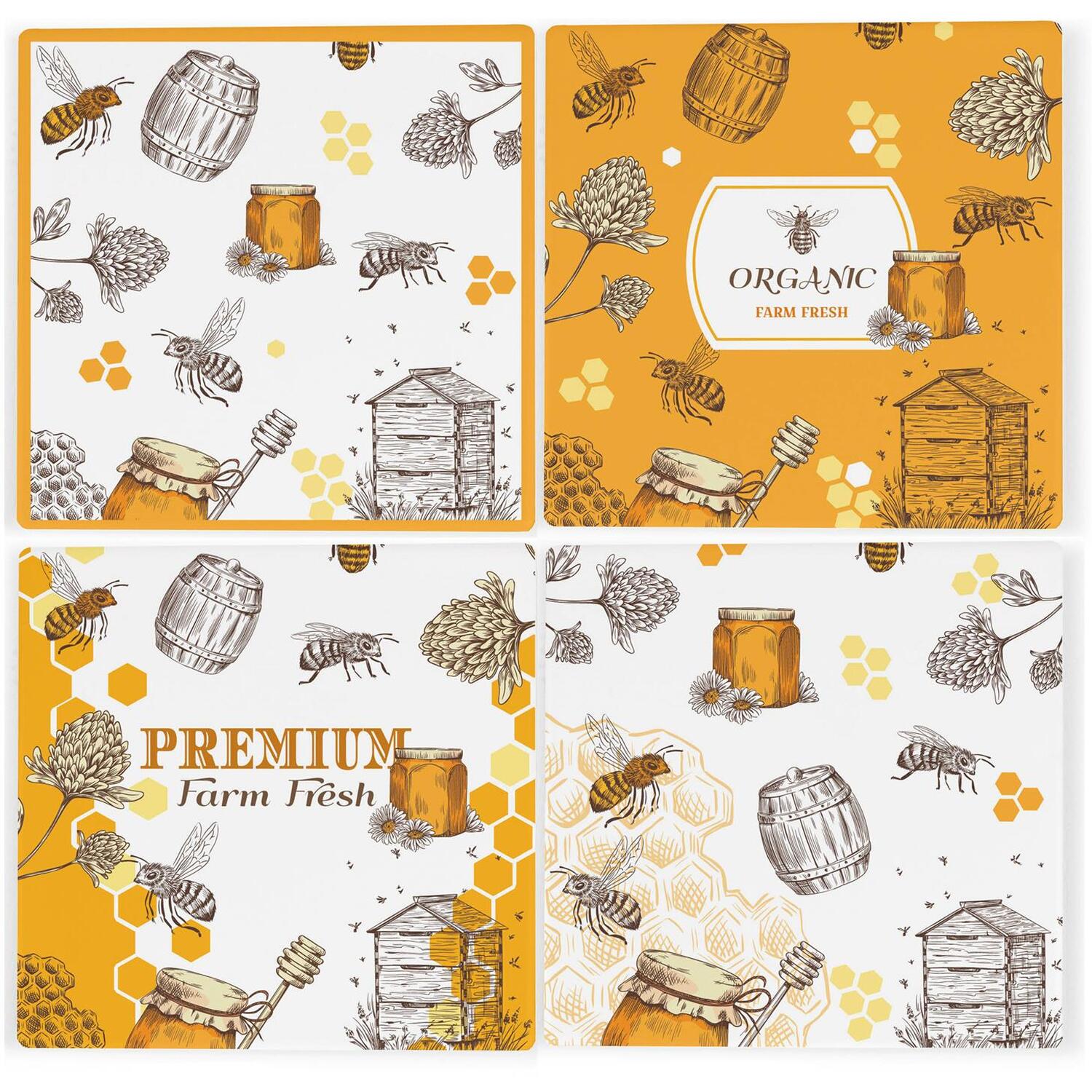 B&Q -  Honey Bees Ceramic Coaster SetBeehives & Bumblebees Gift Golden Yellow Square Set Of Four (4) Coasters - Image 3