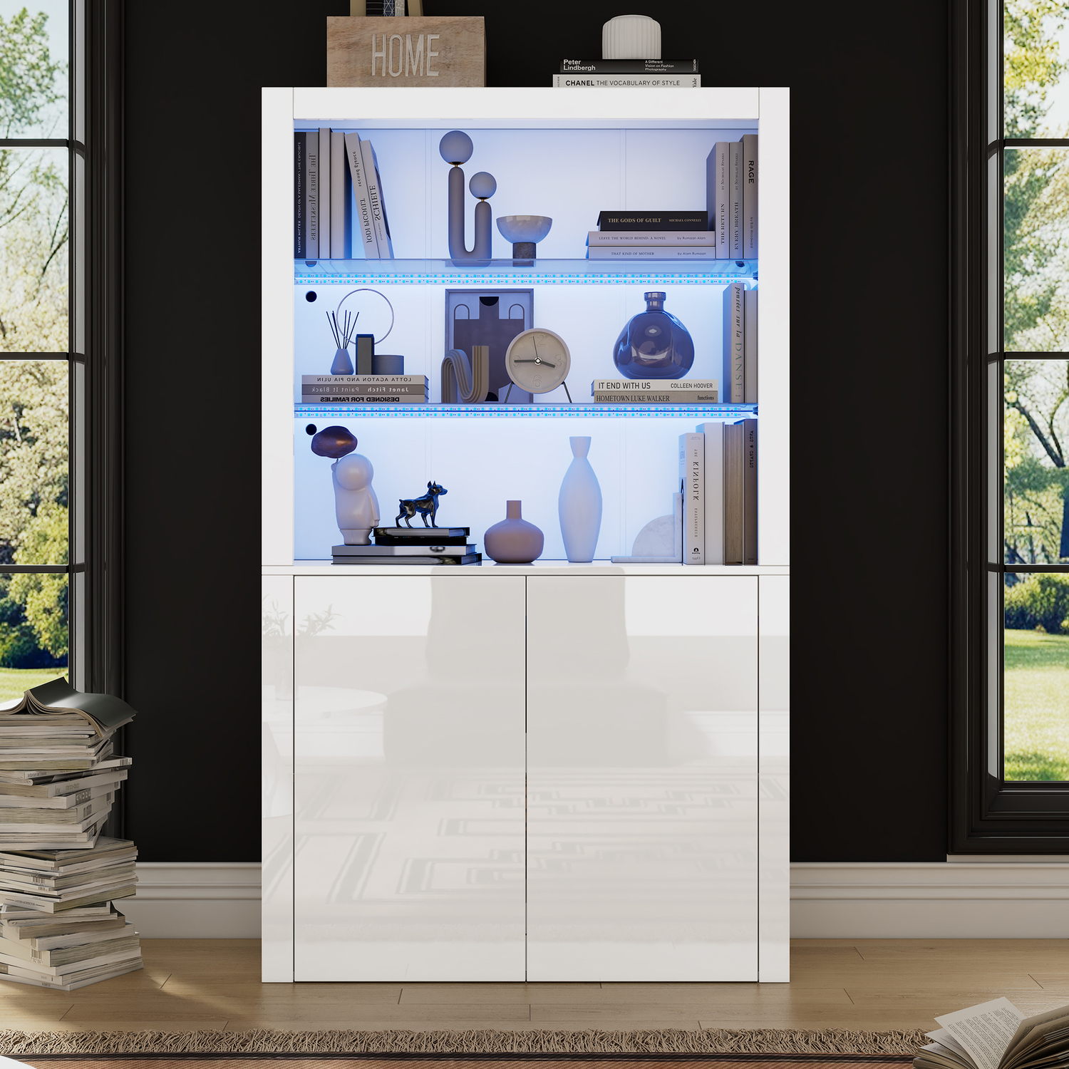 Aka High Gloss Display Cabinet With Led Lights, Tempered Glass Shelves And Doors, White - White
