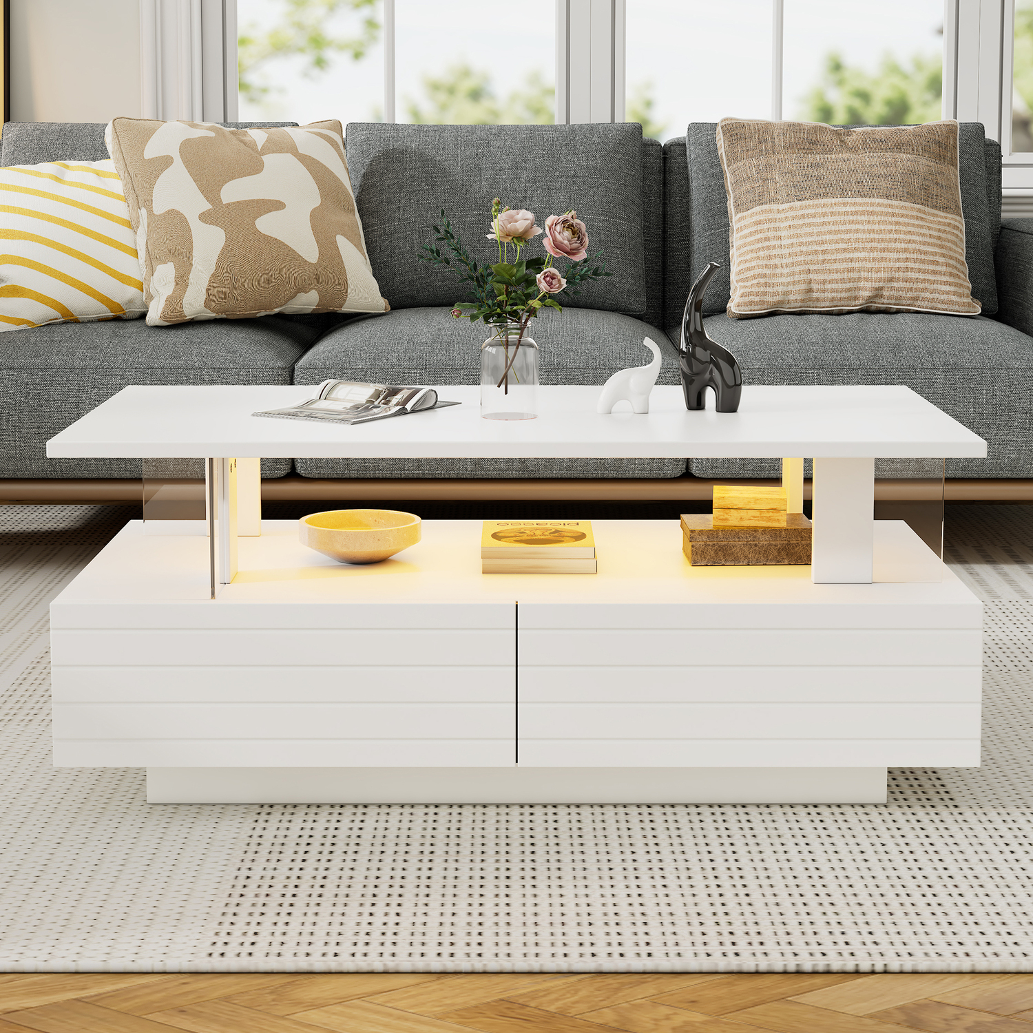 Aka White Coffee Table With Open Storage, 2 Drawers And Led Lights - White