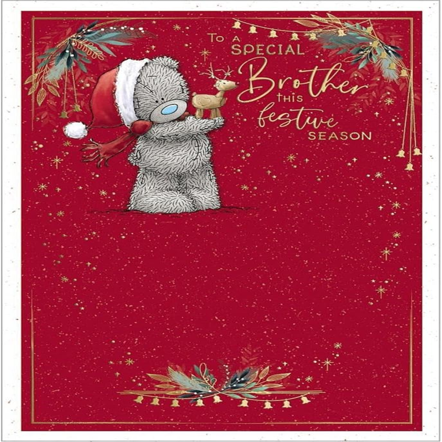 Me To You Bear Holding Mini Reindeer Brother Christmas Card - Red