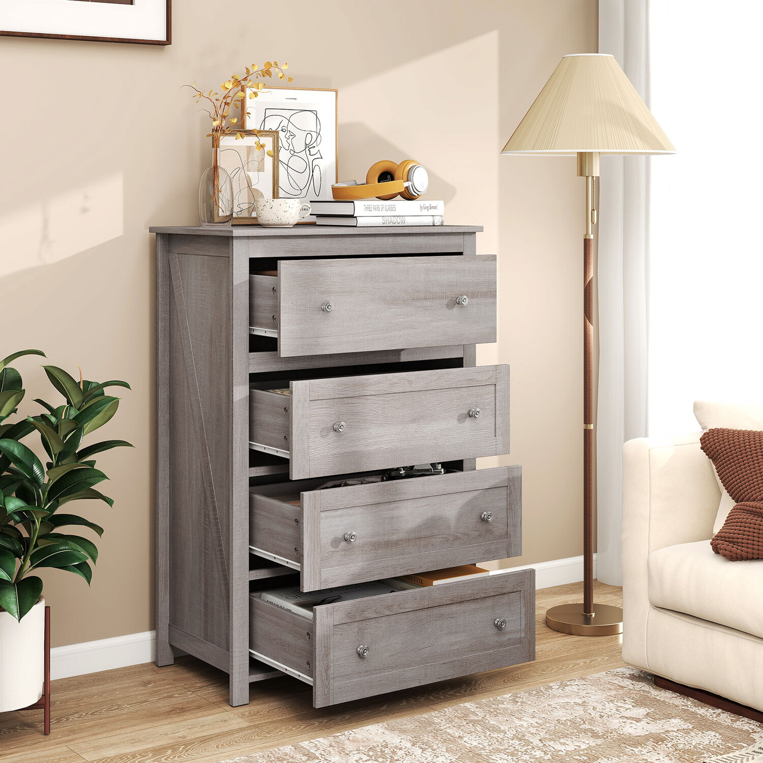 Costway 4 Chest Of Drawers Dresser Storage Cabinet Organizer-Grey - Grey