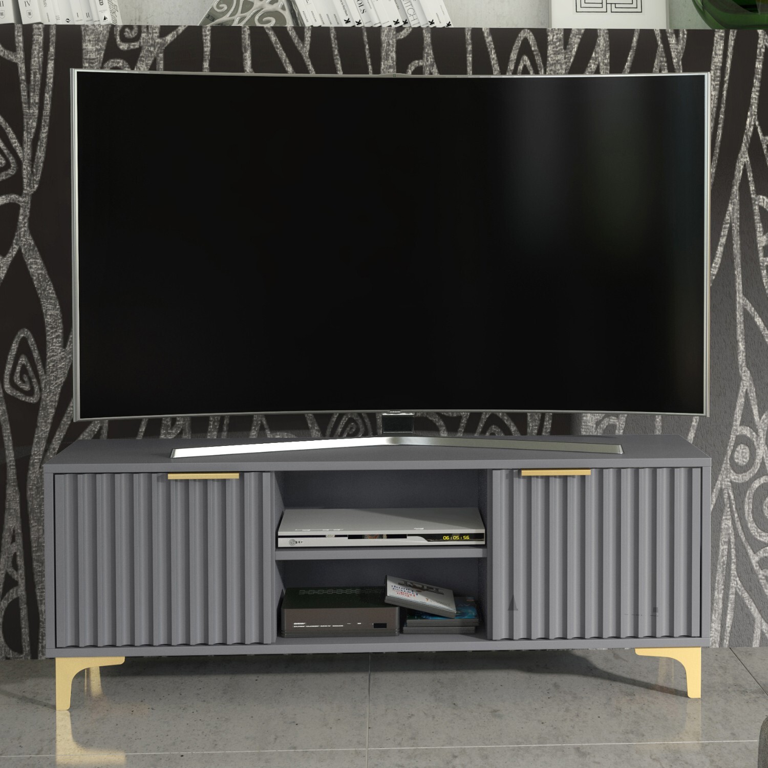 Mex Furniture Ltd Tide Crest Tv Unit - Dark Grey With Fluted Doors