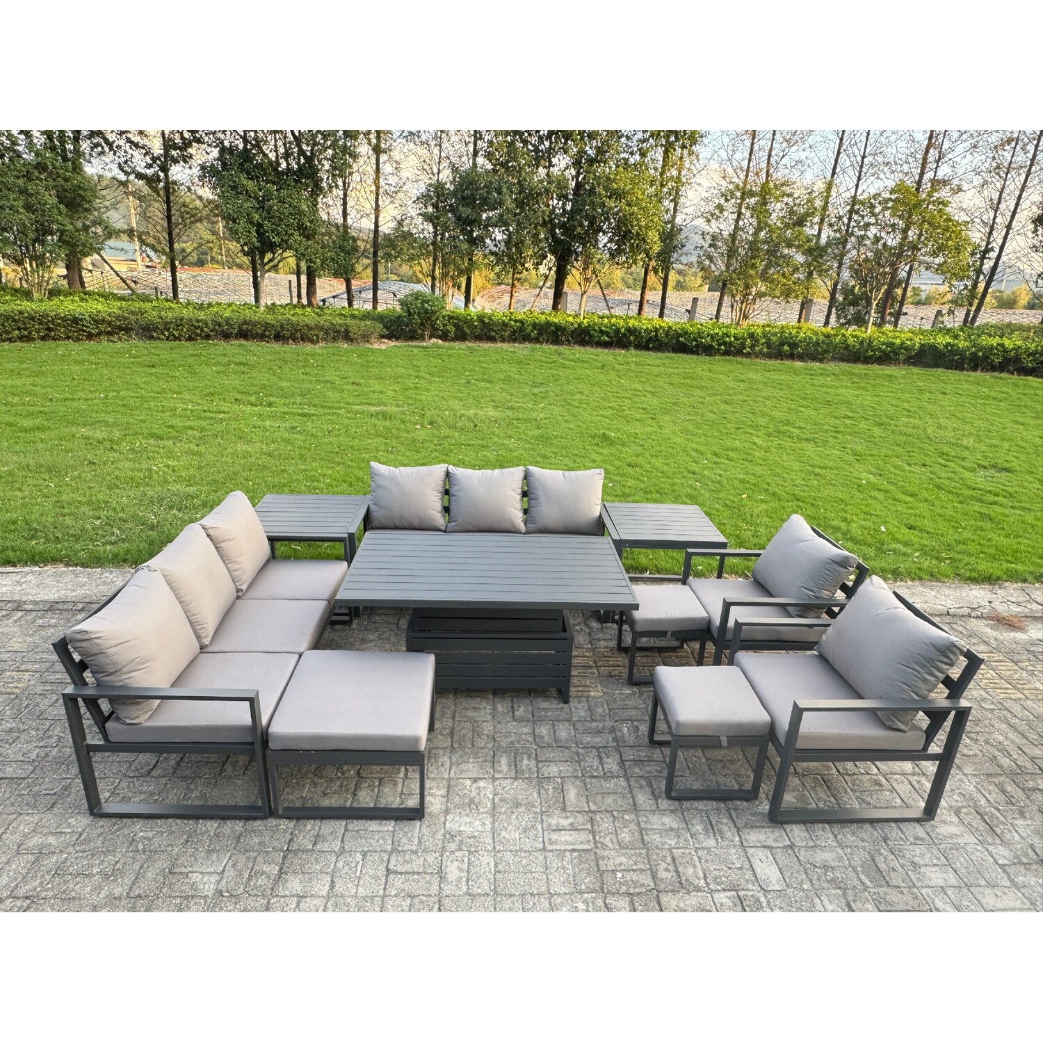Rackhams Dark/Grey 11 Seater Aluminium Garden Furniture Set With Rising Dining Table, 2 Sofas, 2 Chairs, 2 Footstools & 2 Side Tables - Image 2
