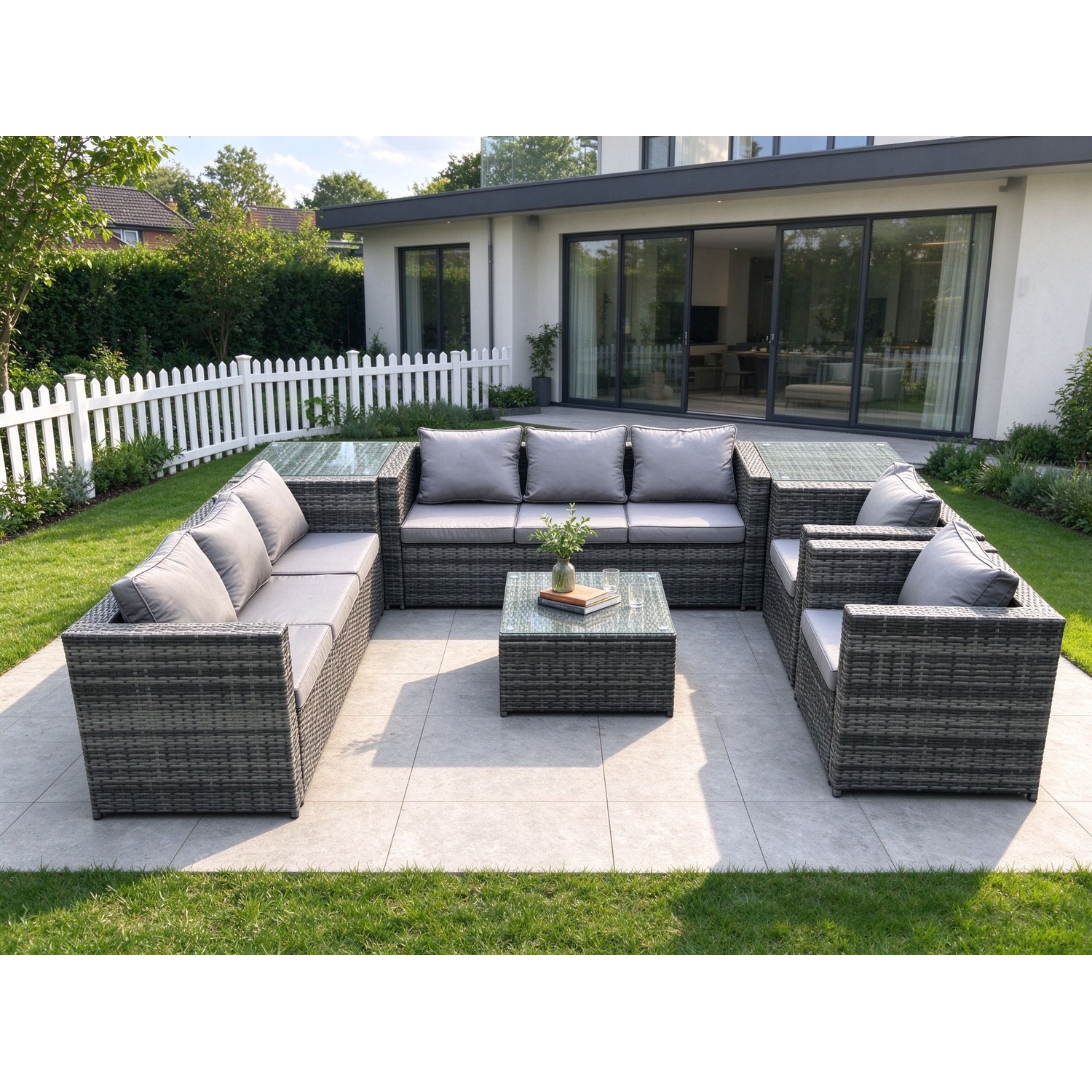 Rackhams Dark/Grey 8 Seater Mixed Rattan Outdoor Sofa Set - 2 Armchairs, Square Coffee Table & 2 Side Tables - Image 2