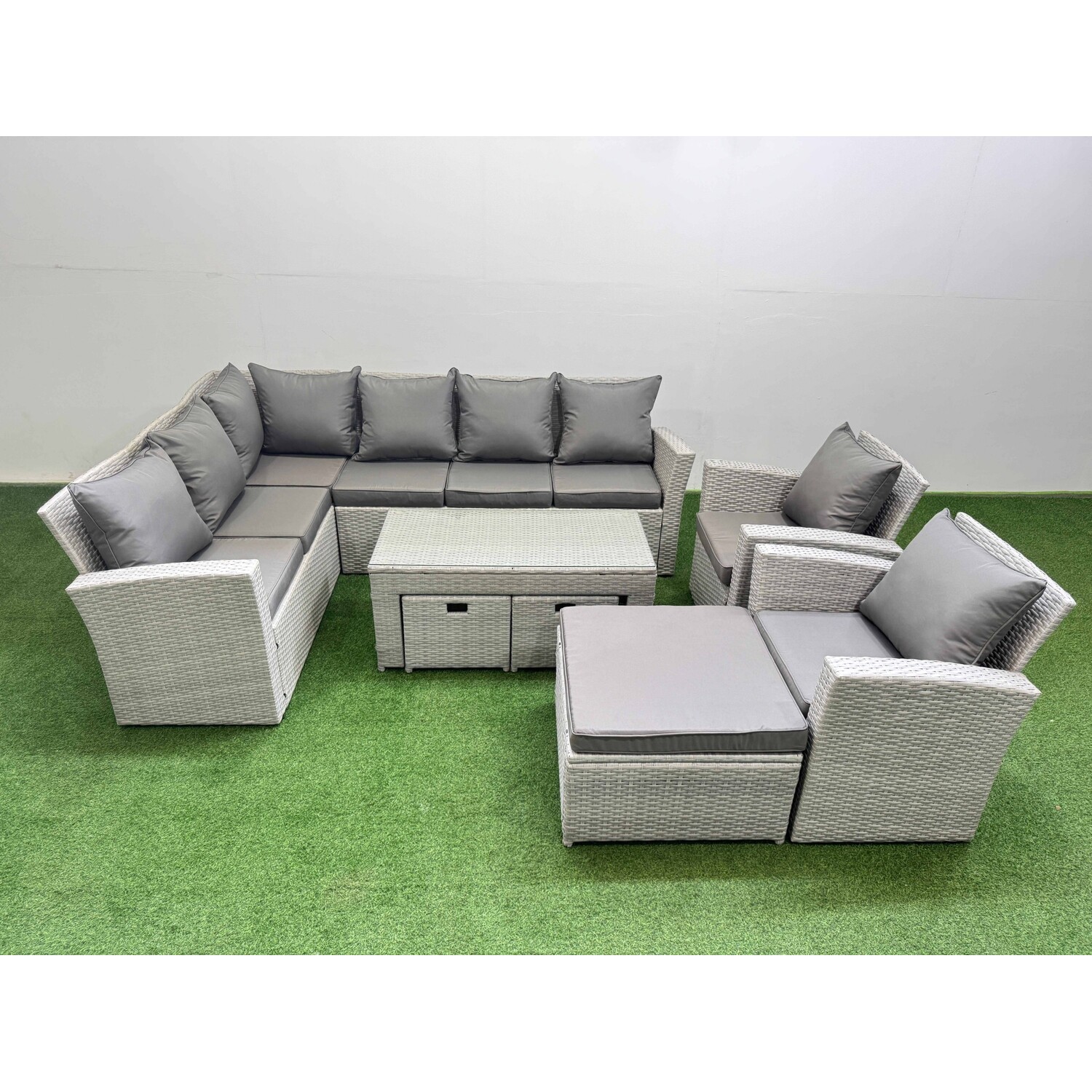 B&Q - Rattan Garden Furniture Set Outdoor 11 Seater Corner Sofa Sets With Oblong Coffee Table Chair 3 Footstools Light Grey Mixed - Image 2
