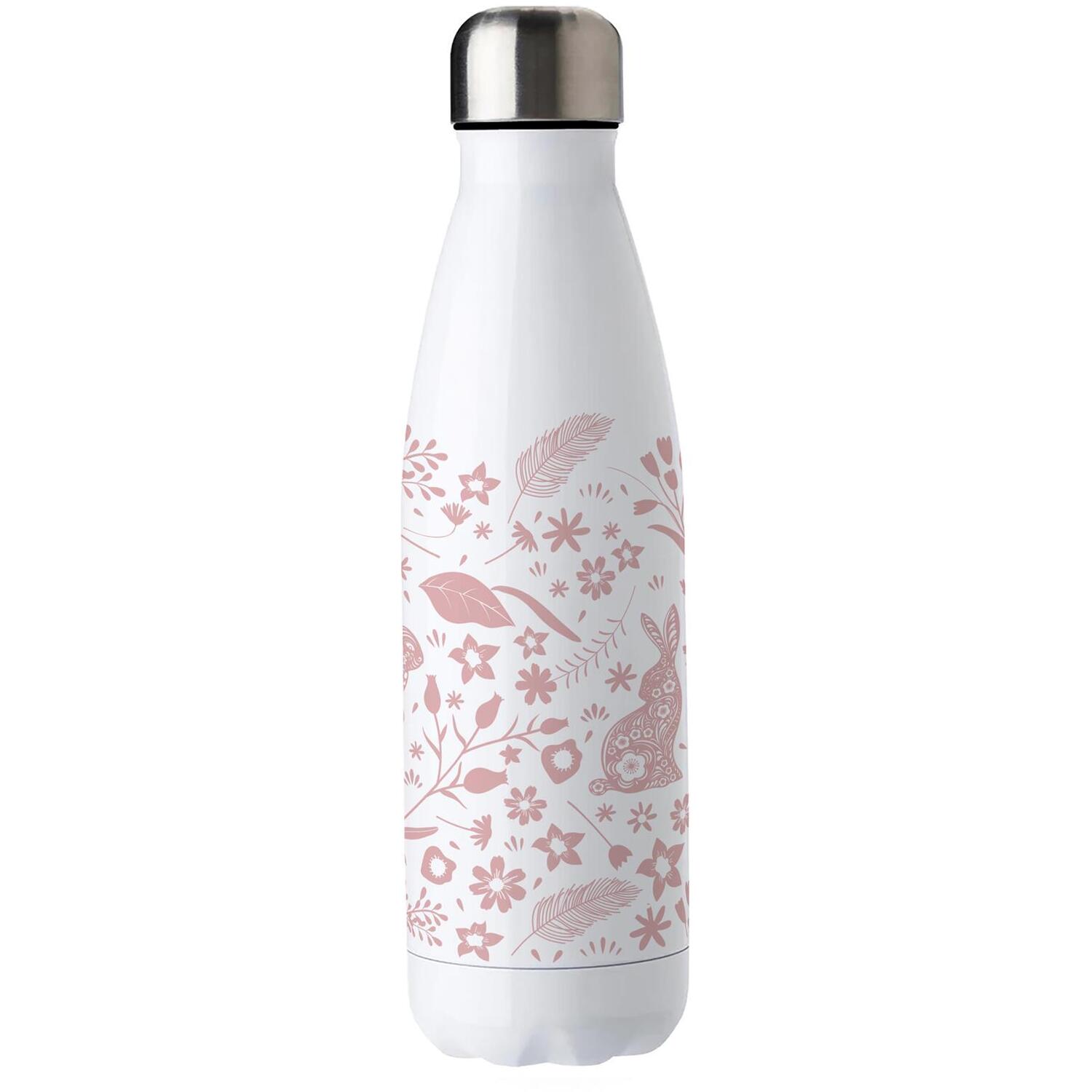 B&Q - Pink Wild Rabbits Stainless Steel Water BottleFloral Gift For Animal LoversDouble Walled 500Ml Metal Hot/cold Drinks Bottle - Image 2