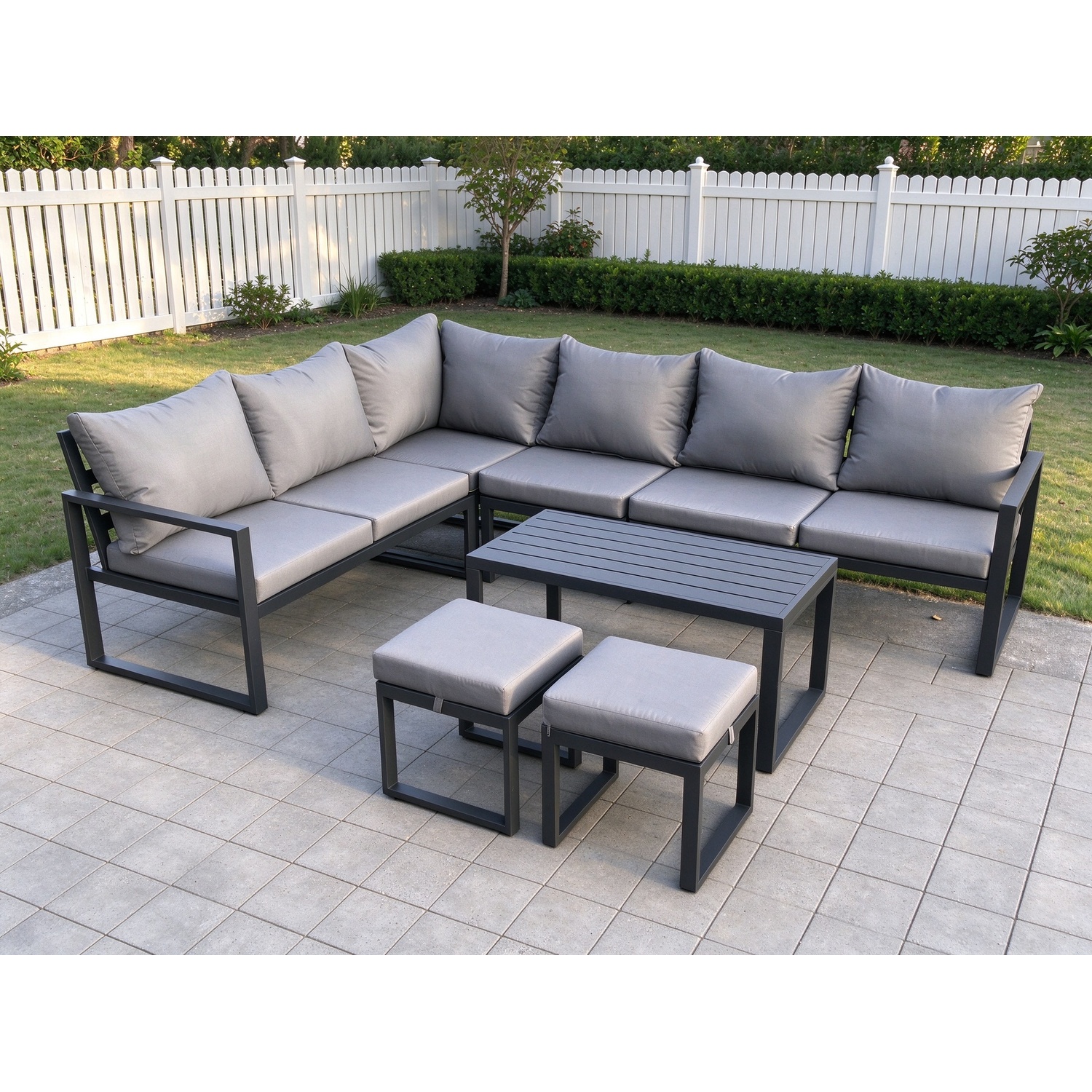 Fimous Dark/Grey Aluminium Garden Furniture Set Outdoor Indoor Lounge Corner Sofa Oblong Coffee Table Sets With 2 Small Footstools - Image 2