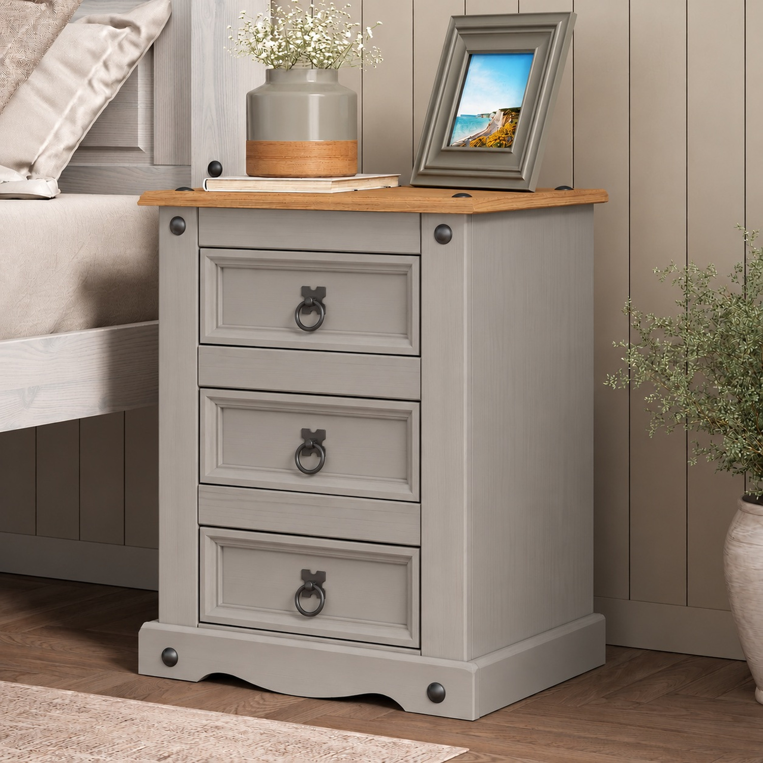 Mews Corona Grey 3 Drawer Bedside Table Cabinet Solid Pine Wood Painted Mexican Style - Image 2