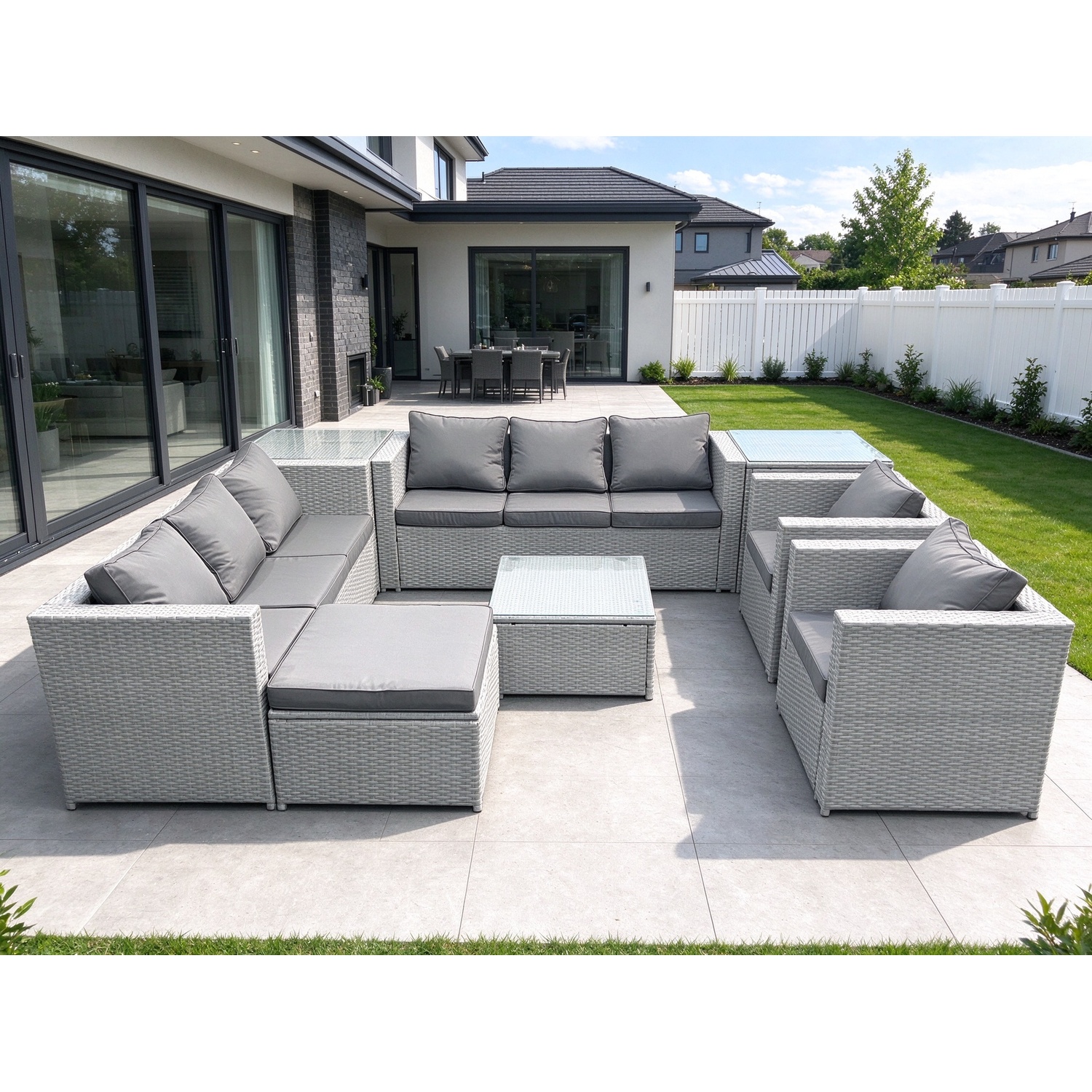 Fimous Unisex Light Grey Outdoor Rattan Sofa Garden Furniture Set With Armchairs Square Coffee Table Big Footstool Side Tables Mixed Size 2 - Image 2