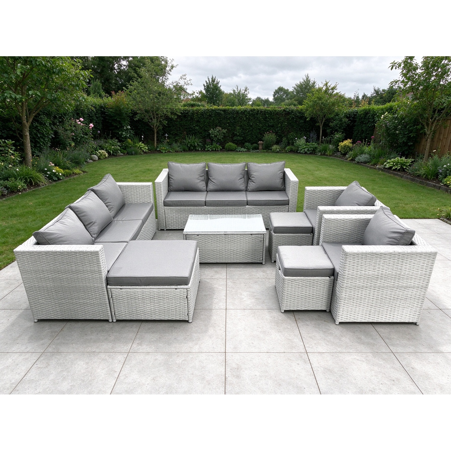 Rackhams Light/Grey Outdoor Rattan Sofa Garden Furniture Set With 2 Armchairs Oblong Coffee Table 3 Footstools Mixed - Image 2