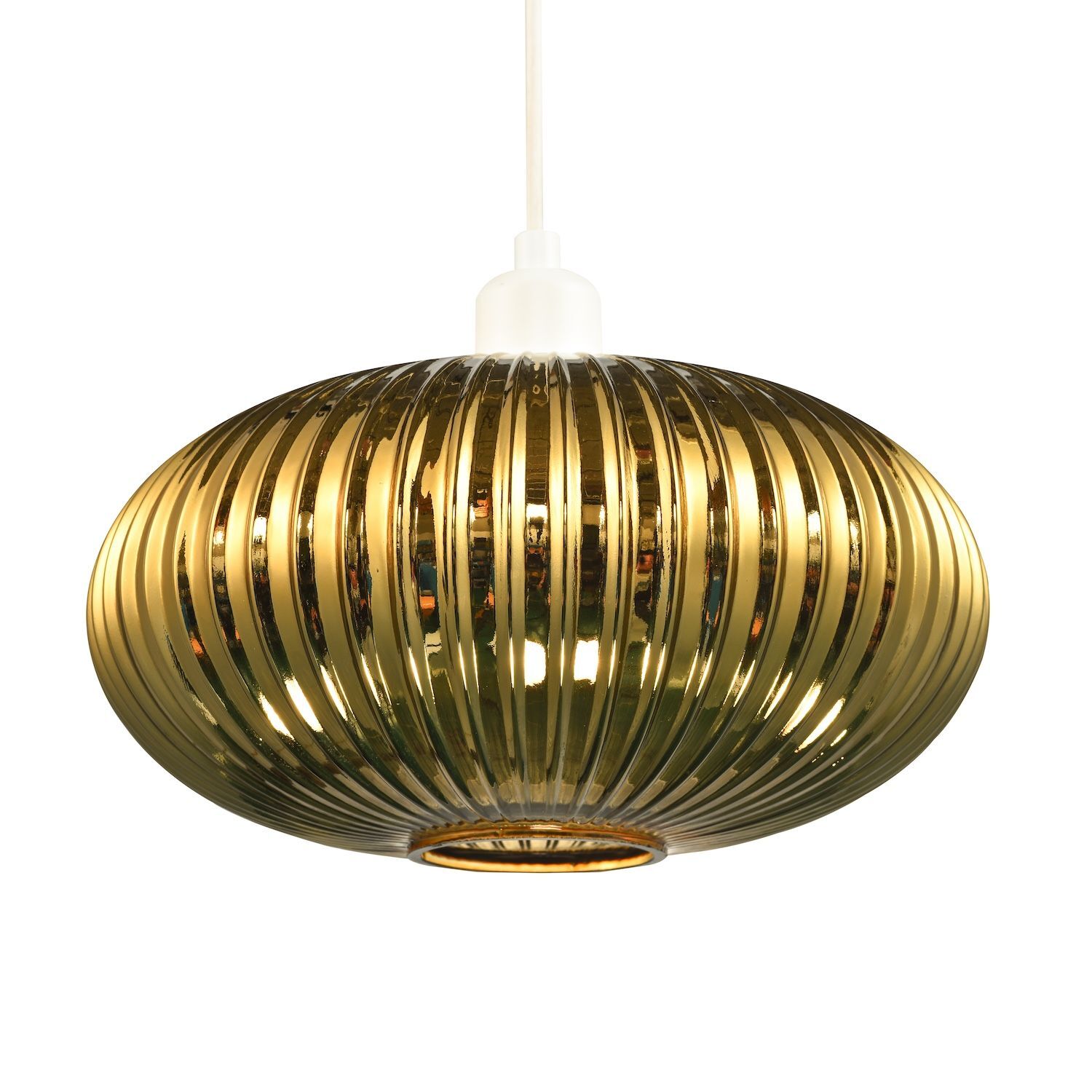 Happy Homewares Gold Modern Designer Shiny Plated Line Ribbed Glass Oval Pendant Lamp Shade - Image 2