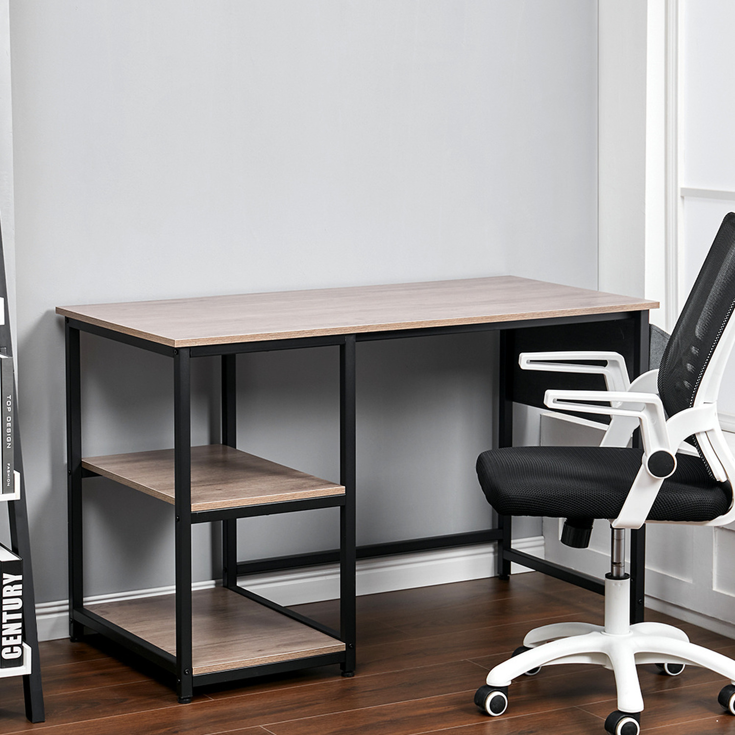 Woodgrain Computer Desk With Side Storage Bag And Shelves - Grey Black