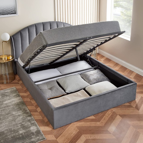 Curved Velvet Winged Storage Ottoman Bed
