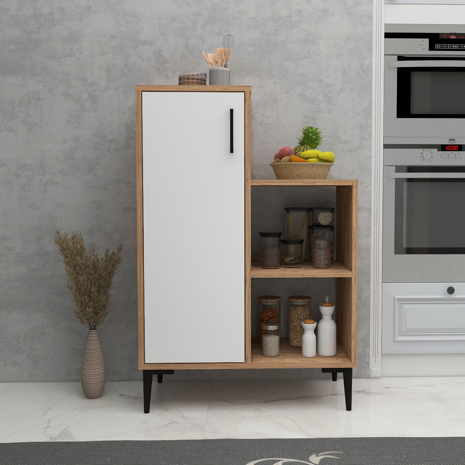 Beate Kitchen Cabinet With Shelves - Atlantic Pine - White