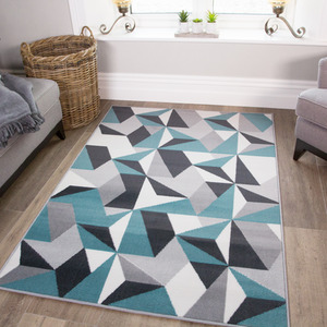 Duck Egg Blue Grey Diamond Geometric Living Room Rug