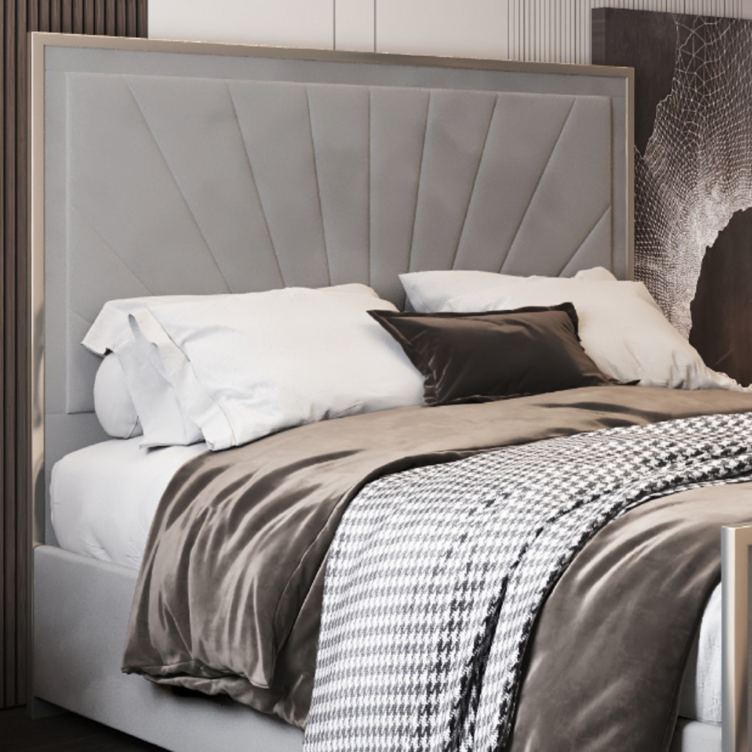 Roxy Upholstered Soft Velvet Metal Bed Frame - Grey Double