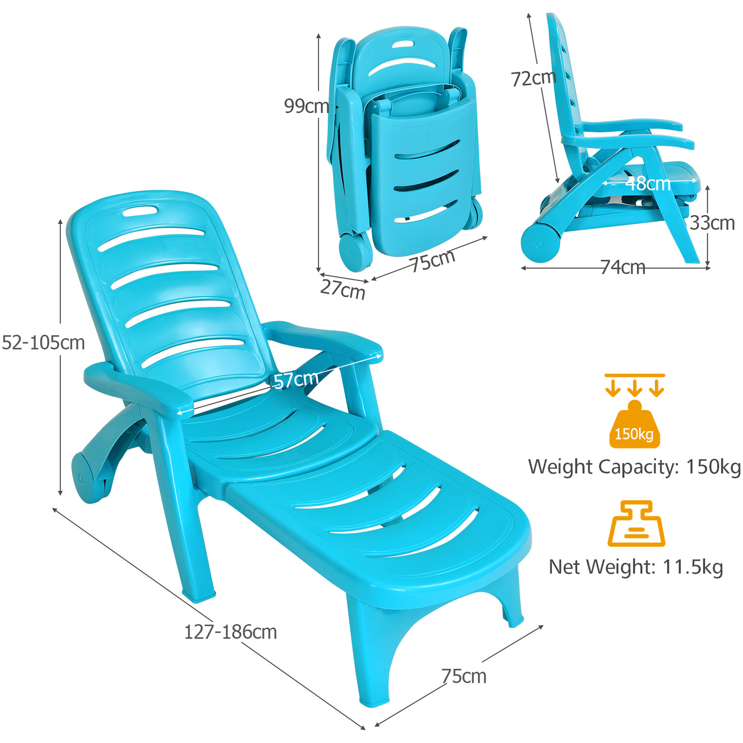 5-posistion Folding Reclining Chair Chaise Lounge - Blue