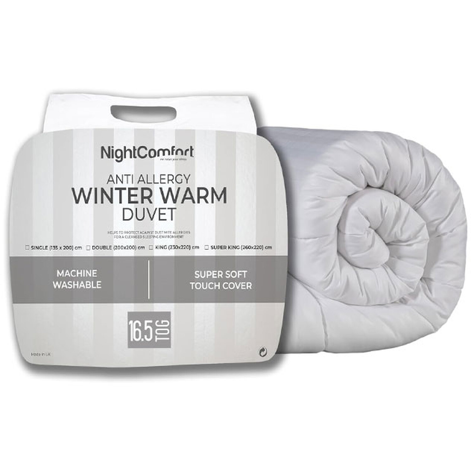 Nightcomfort Winter Warm Hypoallergenic 16 5 Tog Satin Stripe Duvet - White Single