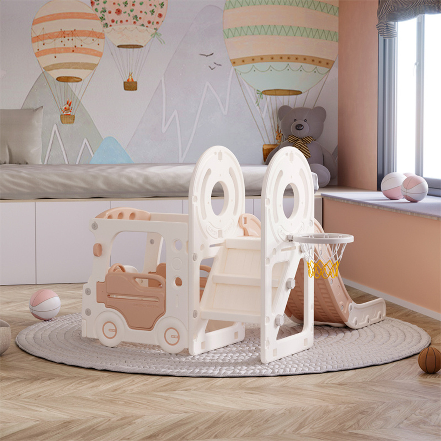 Medium Size Kids Slide with Basketball Hoop – Indoor Outdoor Plastic Playset for Toddlers & Children
