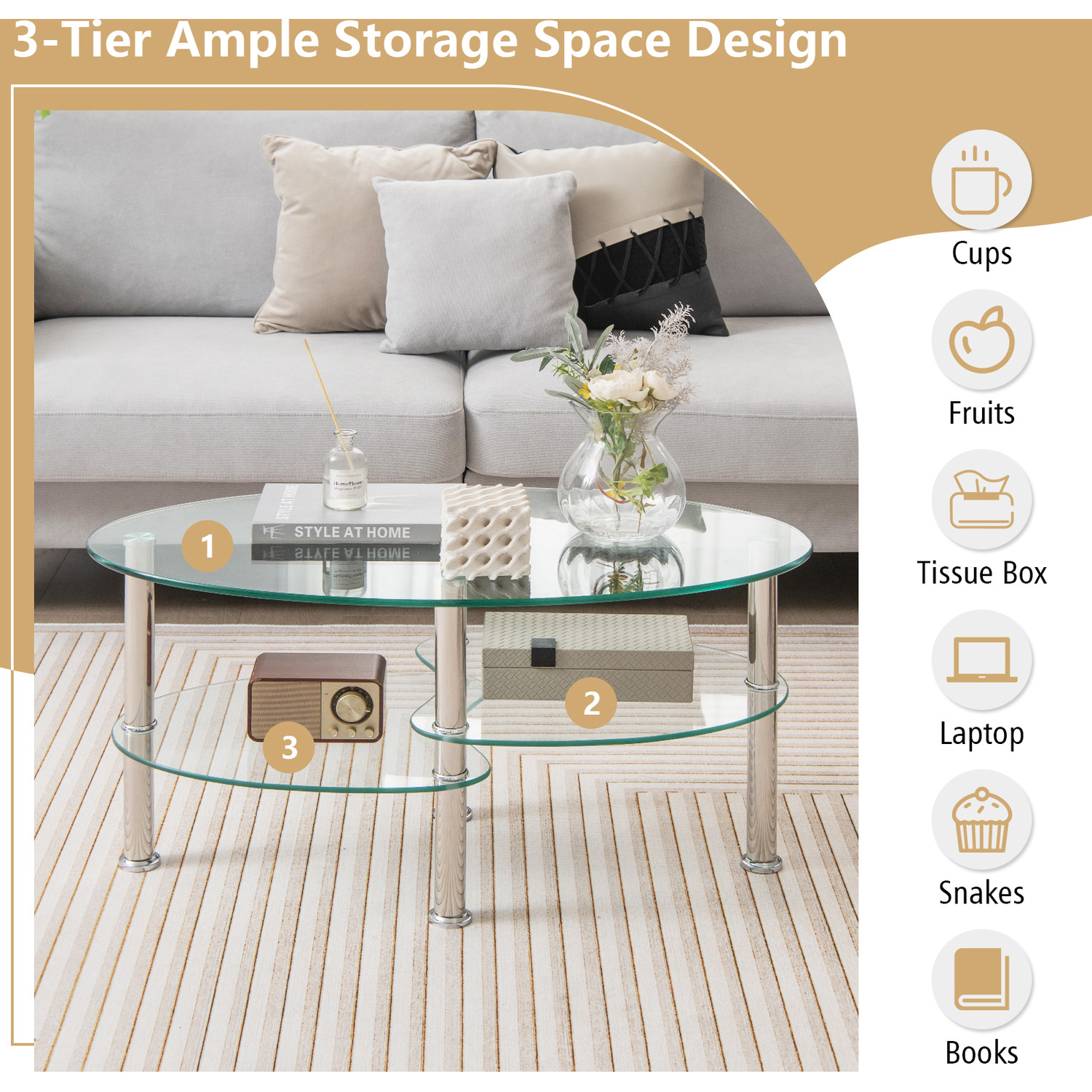 3-tier Tempered Glass Coffee Table - Silver