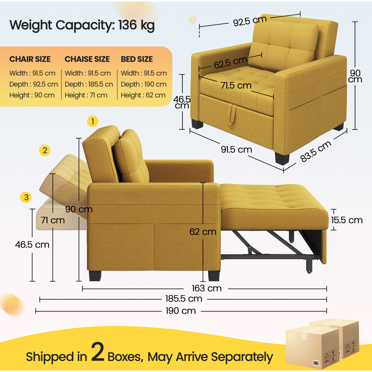 Yaheetech Convertible Sofa Chair Sleeper Chair - Yellow