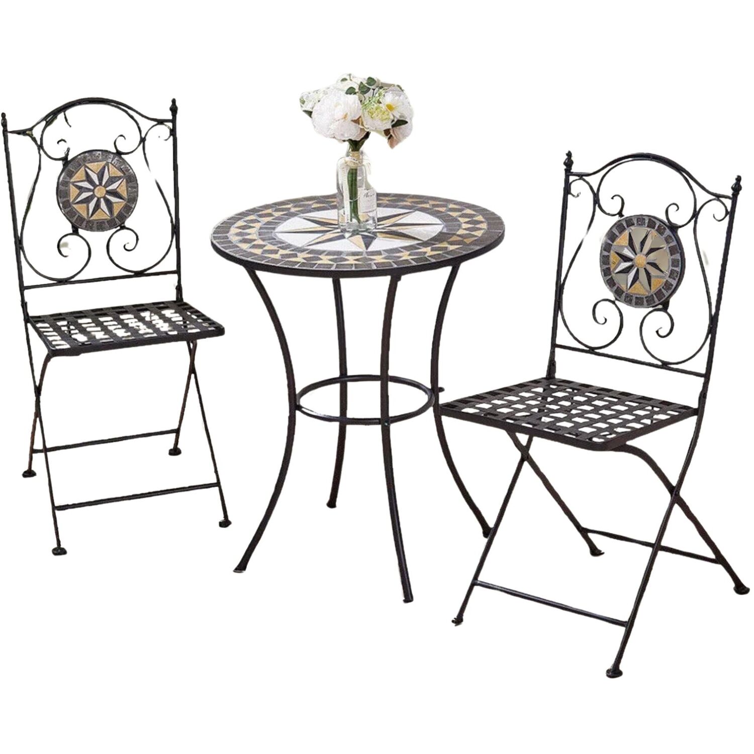 Set of 3 Bistro Set With Round Mosaic Table And 2 Armless Chairs - Brown