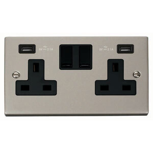 Pearl Nickel 2 Gang 13A 2 USB Twin Double Switched Plug Socket