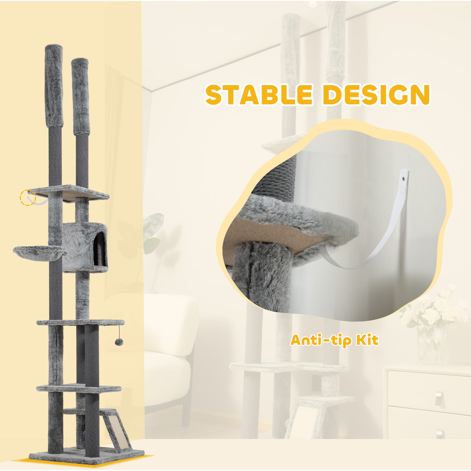 225-255cm Height Floor-to-Ceiling Cat Tree w Ramp