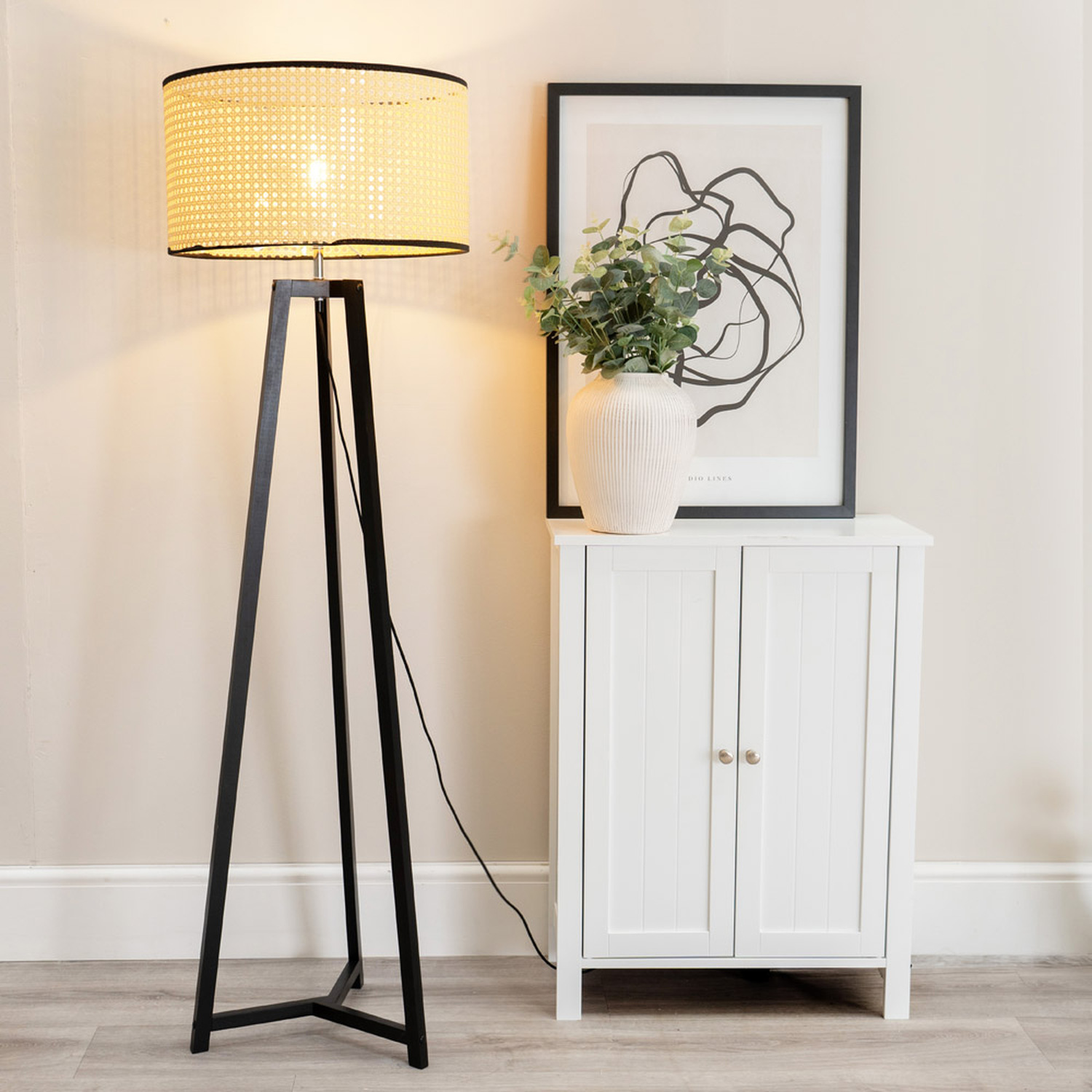 Lottie Tripod Floor Lamp with Cane Rattan Shade and LED Bulb - Black