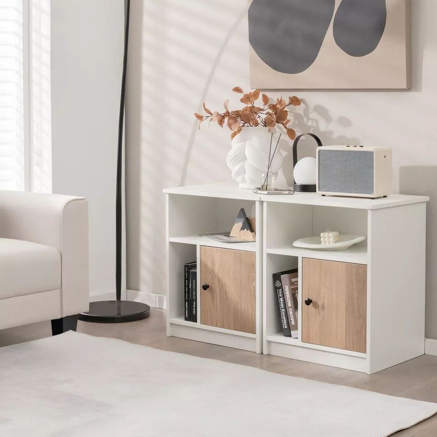 Set Of 2 White And Natural Modern Bedside Tables With Door - Natural