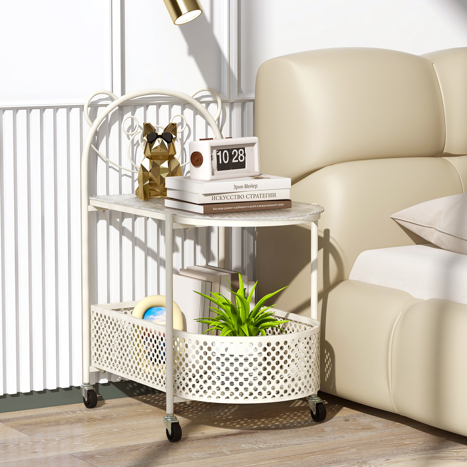 2-tier Mobile Glass Coffee Table - White