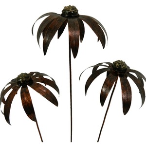 Set of 3 Metal Echinacea on 100cm stick Bronze