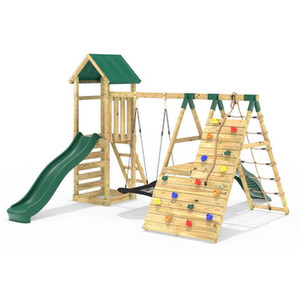 Wooden Climbing Frame with Swings Up and Over Climbing Wall and 2 Slides