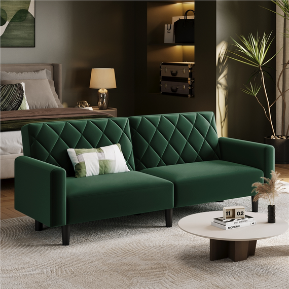 Velvet Convertible Sofa Bed Diamond-Tufted Design