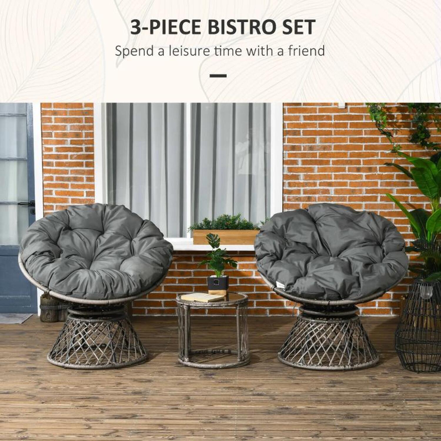Three Piece Rattan Garden Moon Chair Set - Grey
