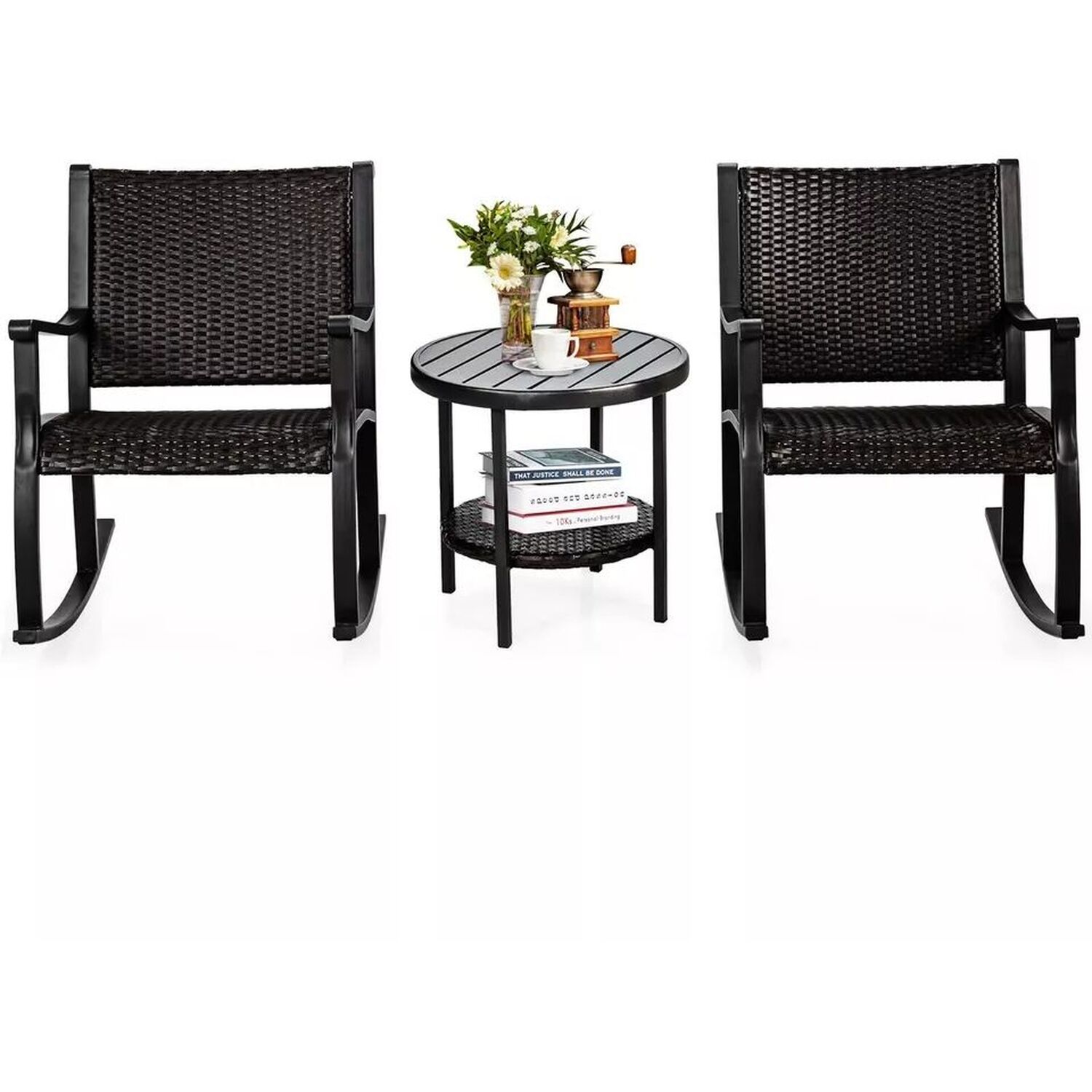 Rocking Bistro Set Outdoor Wicker Furniture Tempered Glass Coffee Table - Brown