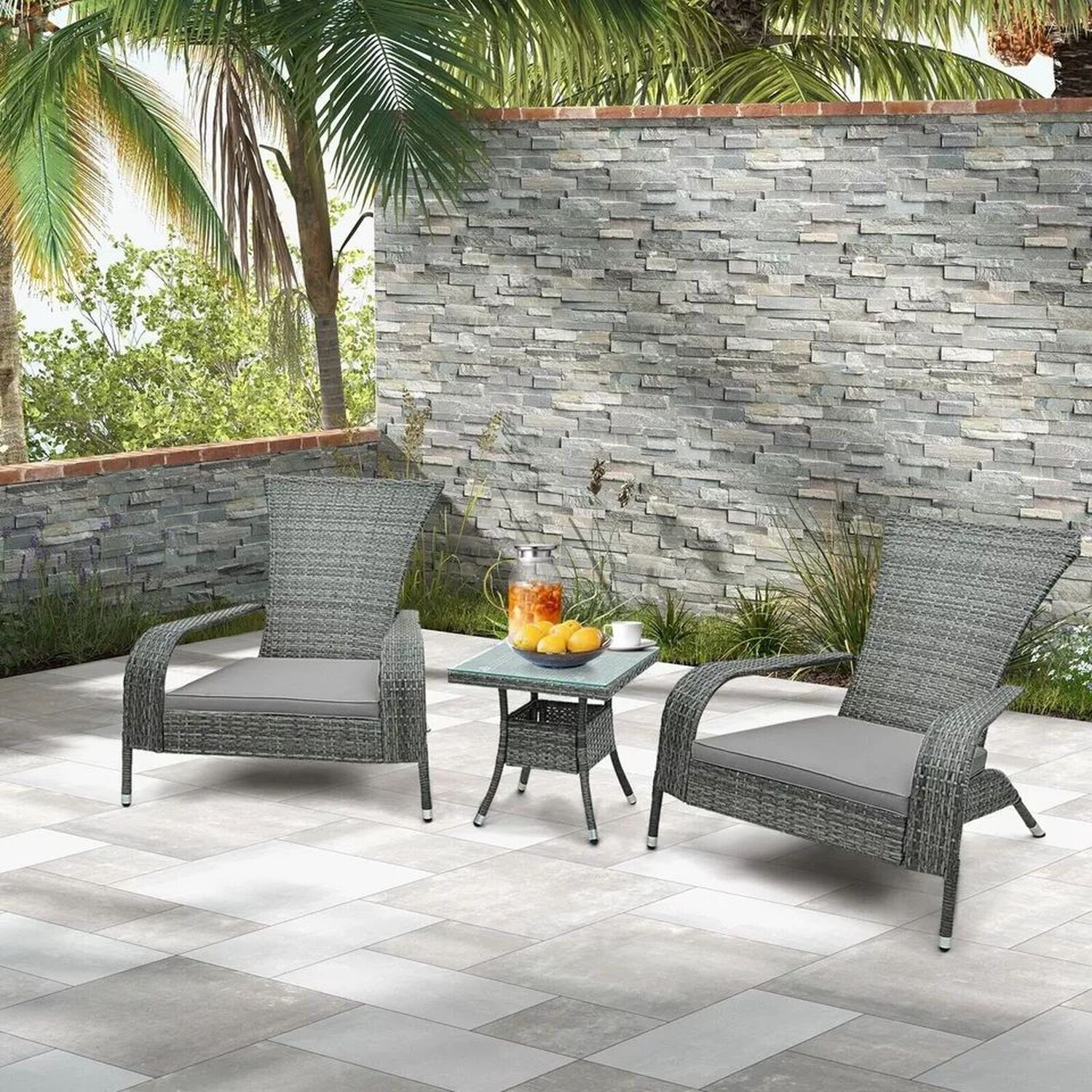 Wicker Bistro Set With Table And Chairs And Cushions - Grey