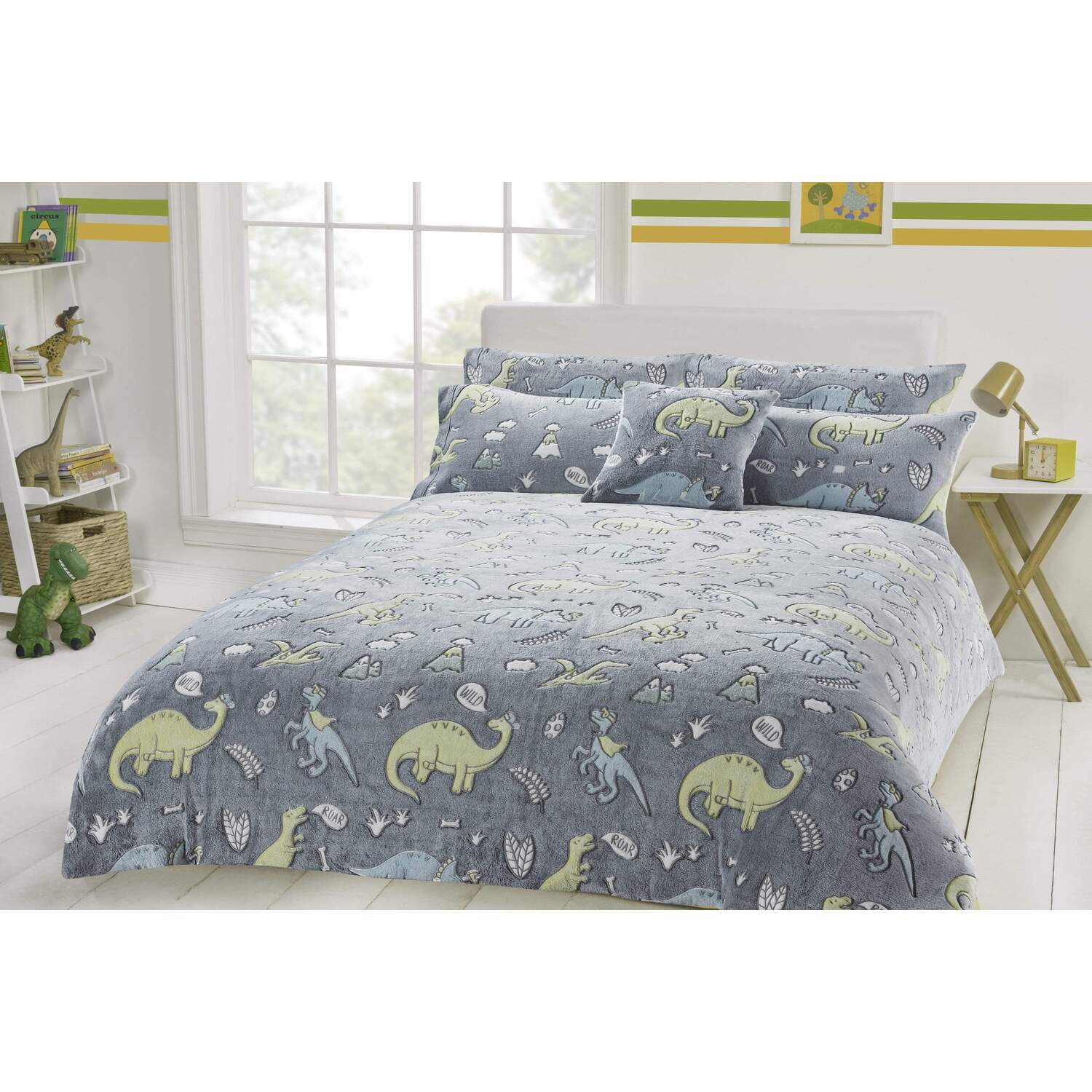 Dinosaur Glow In The Dark Teddy Duvet Set - Grey Double