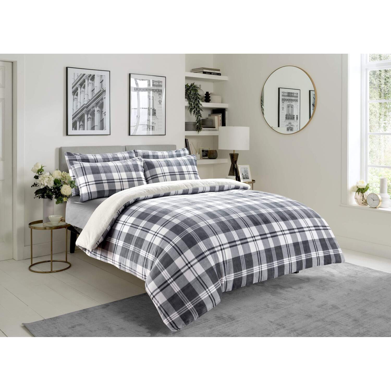 Check Reversible Teddy Duvet Set - Charcoal Double