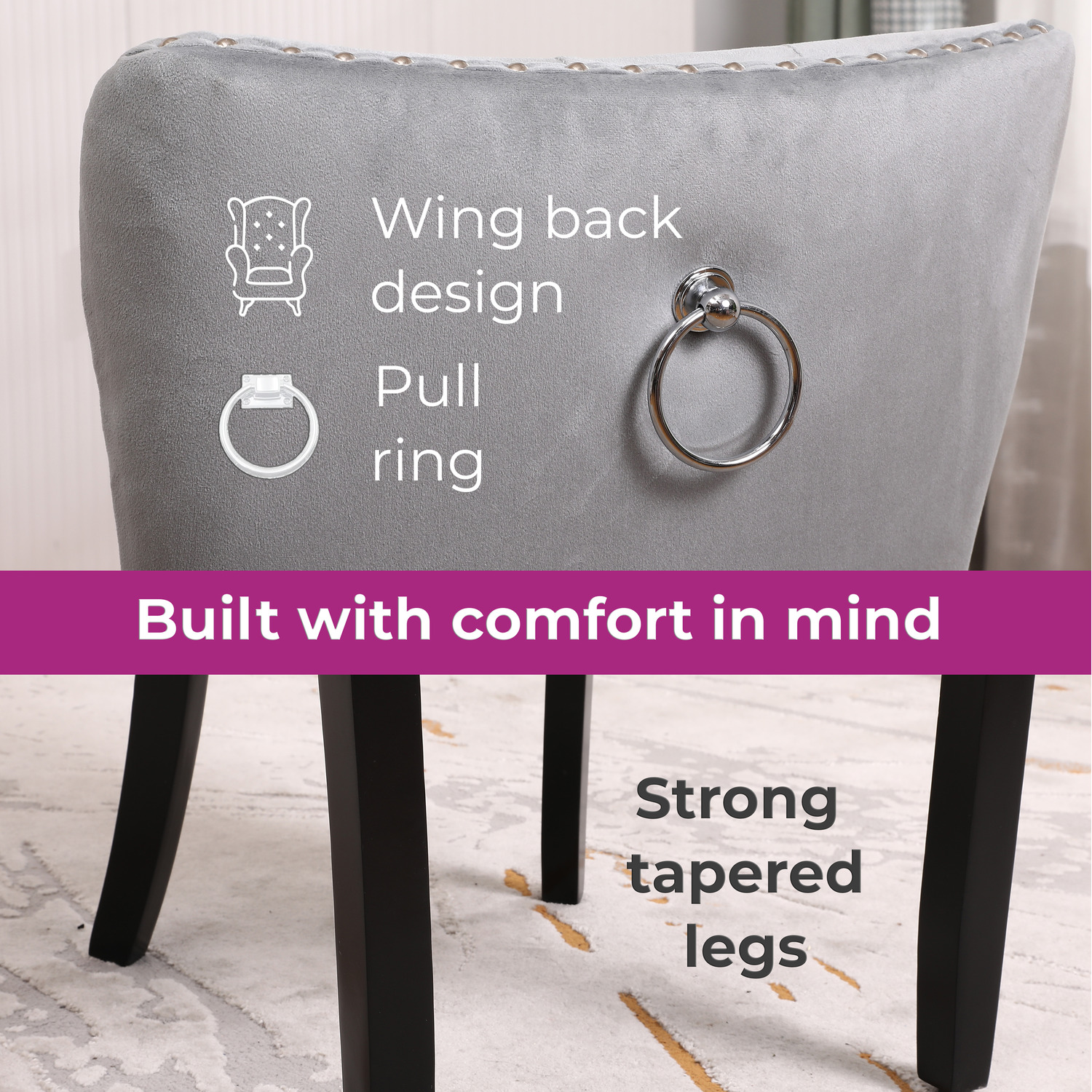 Set of Four Studded Velvet Dining Chair with Ring Knocker Detail