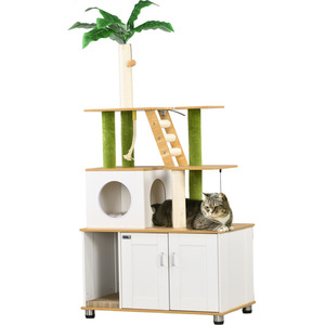 PawHut Hidden Litter Box with Green Leaf Design Cat Tree