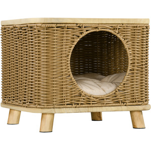 PawHut Elevated Design Wicker Cat House with Washable Cushion