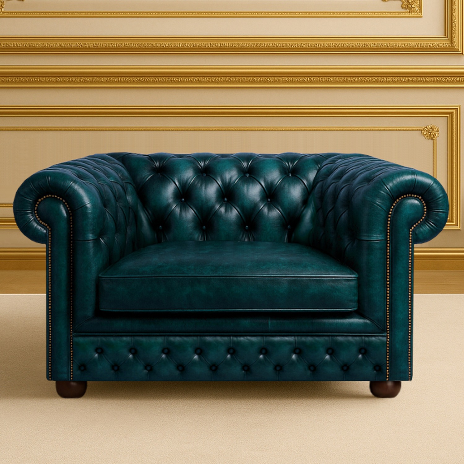 Oxford 1 Seater Vintage Leather Chesterfield Sofa Manufactured In Uk - Blue