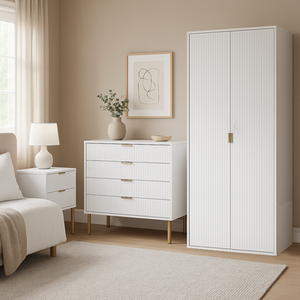 White / 3 pc Furniture Set 80cm / 96kg Ridged Bedroom Furniture Set White Wooden Wardrobe Bedside Table Wardrobe shot 11305730