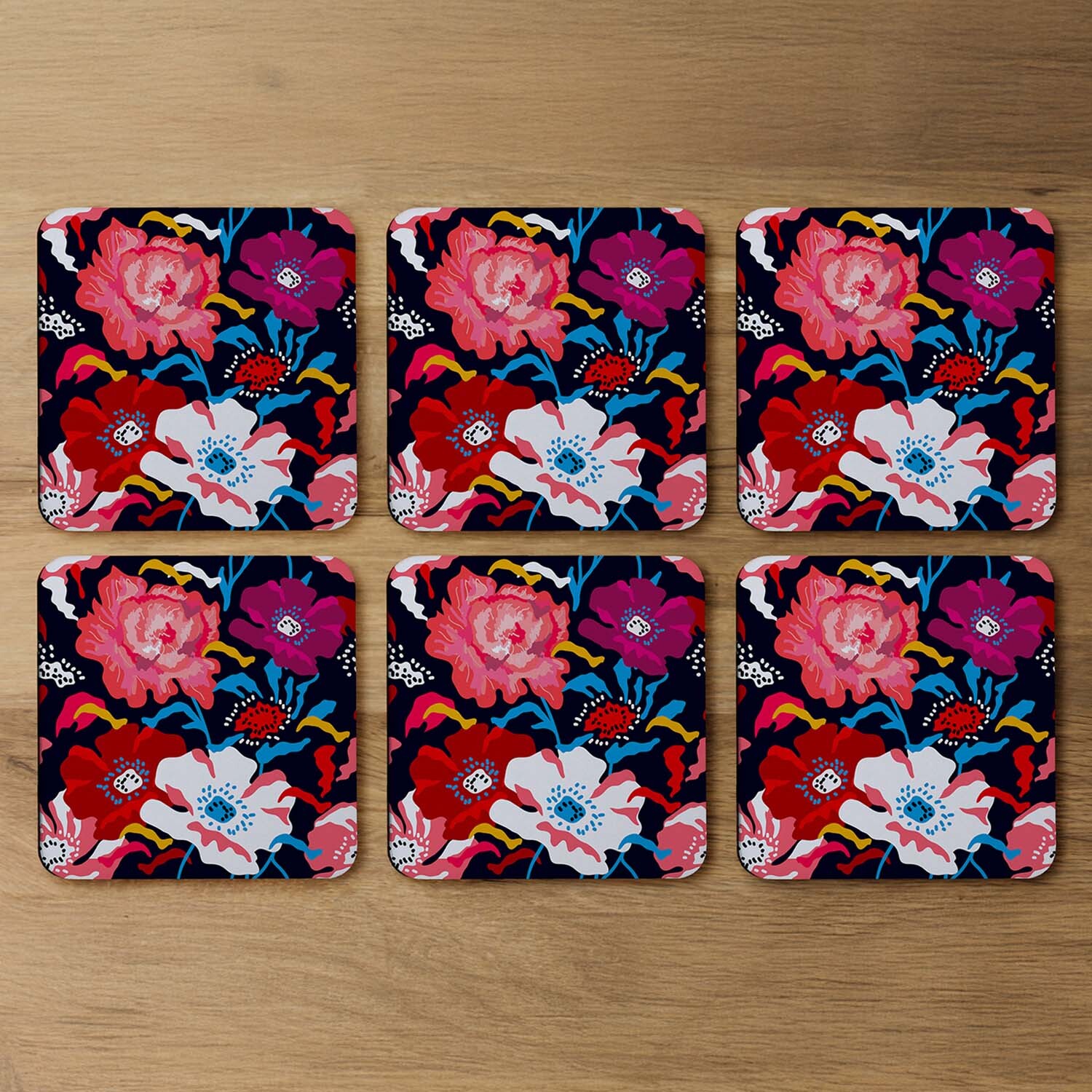 Bright Flowers On Dark Coaster - Red