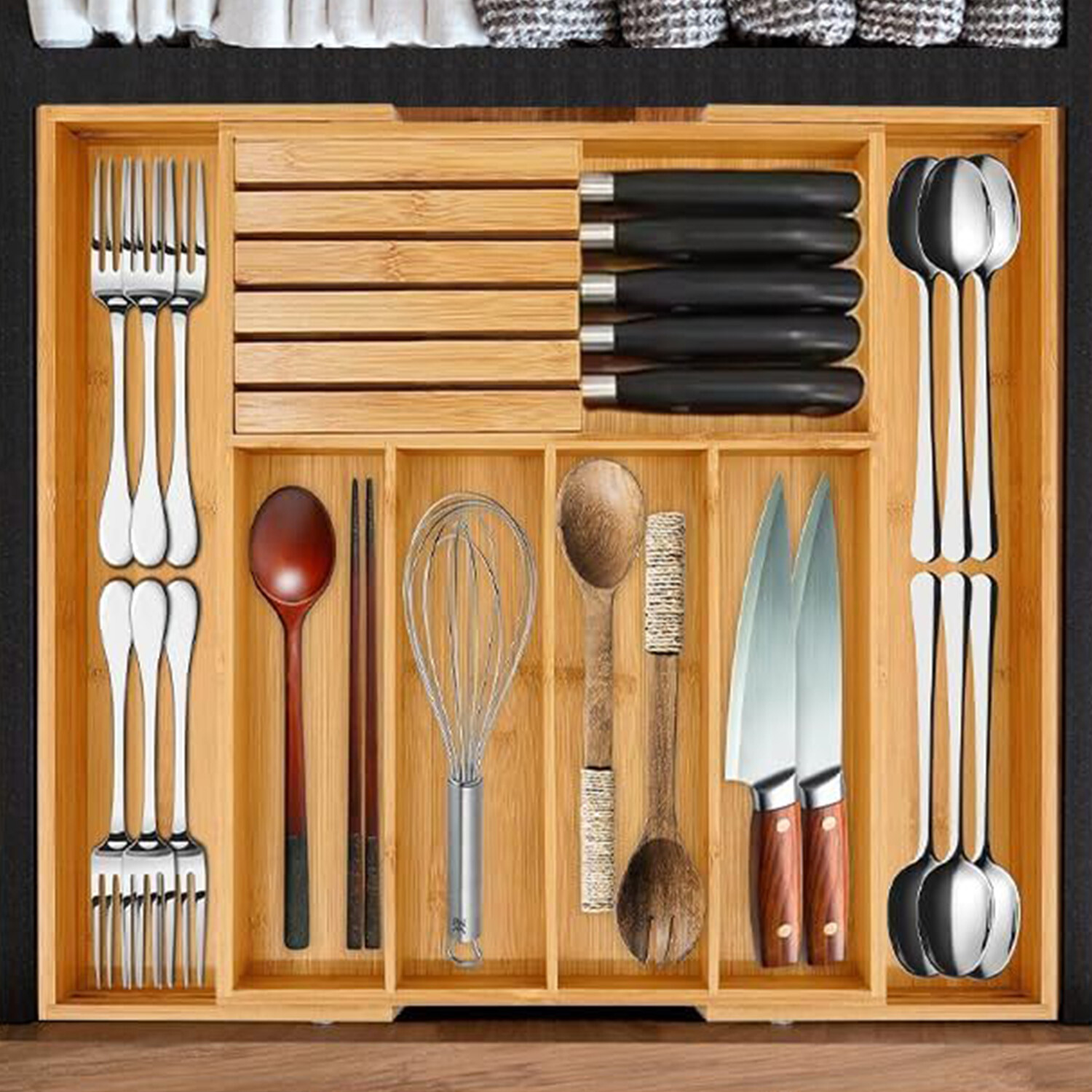 Bamboo Cutlery Tray Organiser Cutlery Tray for Drawer Extendable 7 Compartment  - Brown
