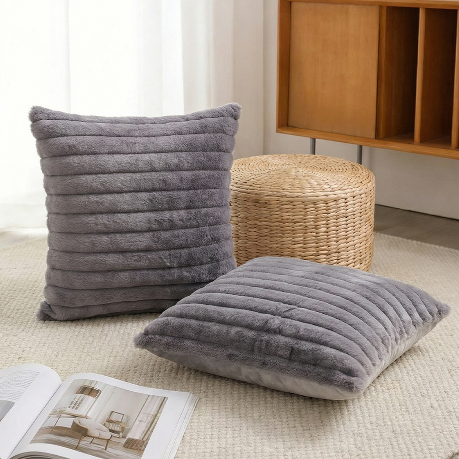 2Pcs Soft Plush Throw Pillow Covers - Grey