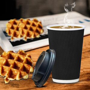 16oz Disposable Kraft Paper Coffee Cups With Lids Black