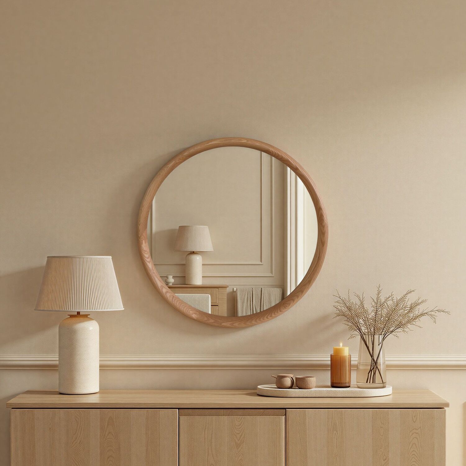 Round Solid Oak Wall Mirror - Neutral